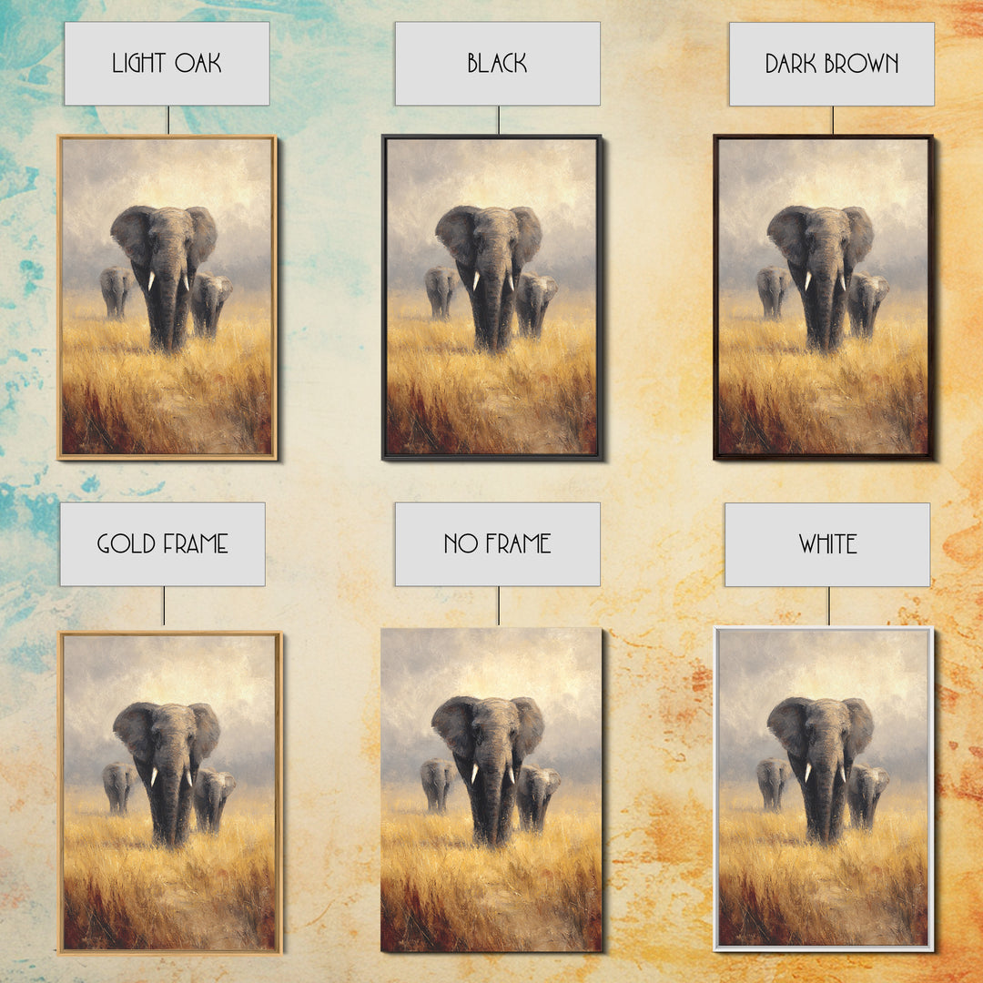 Elephant Family Walking Through Dusty Golden Light Canvas Print, Animal Art, Textured Painting, Living Room Decor, Creature, ANI-2x3-46
