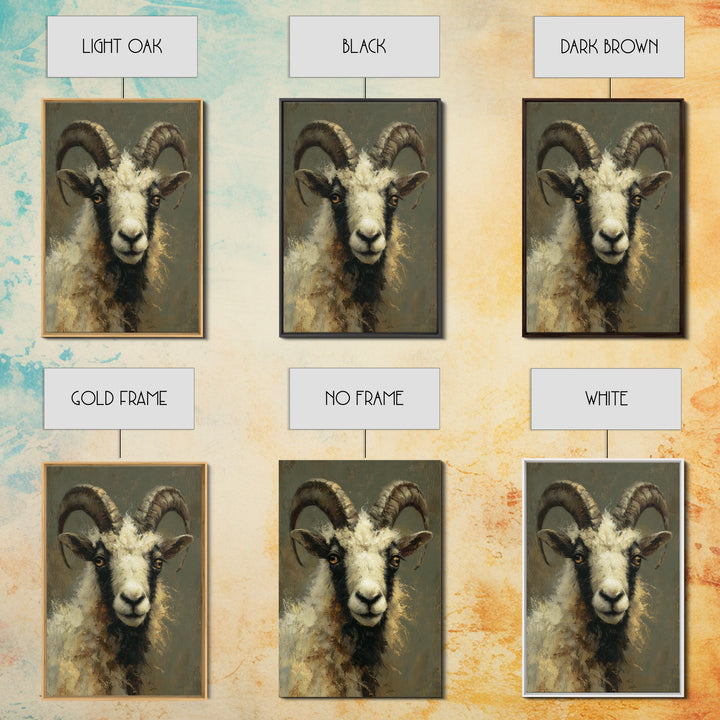 Goat Portrait with Rustic Folk Art Personality Framed Canvas Print, Animal Art, Digital Art, Living Room Decor, Oil Painting, ANI-2x3-53