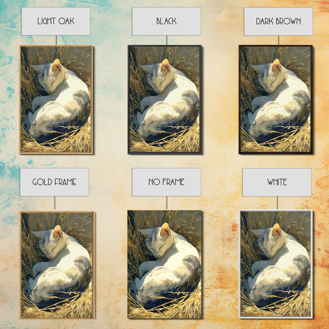 Sleeping Cat Curled Framed Canvas Print, Animal Art, Printable, Living Room Decor, Fine Art, Creature, Nursery, Boho Wall Art, ANI-2x3-68