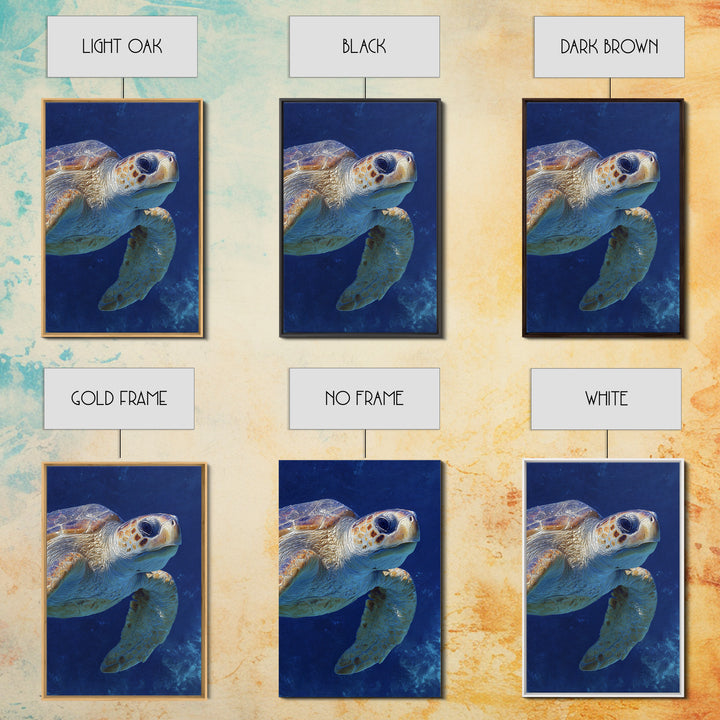 Sea Turtle Drifting Through Luminous Blue Water Framed Canvas Print, Animal Art, Living Room Decor, Watercolor Art, Creature, ANI-2x3-74