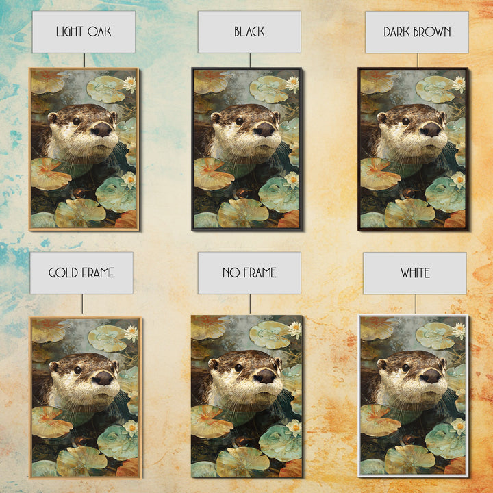 Playful Otter Floating Among Lily Pads Framed Canvas Print, Animal Art, Digital Art, Living Room Decor, Fine Art, Creature, ANI-2x3-88