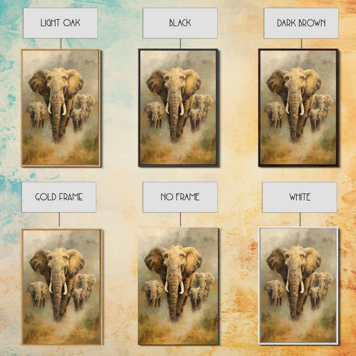 Elephant Family Walking Through Dusty Golden Light Framed Canvas Print, Animal Art, Printable, Living Room Decor, Creature, ANI-2x3-94