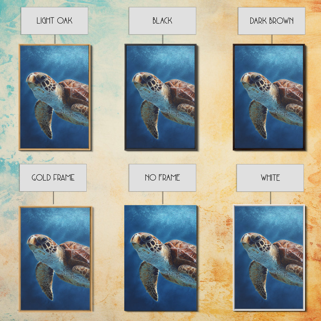Sea Turtle Drifting Through Luminous Blue Water Framed Canvas Print, Animal Art, Living Room Decor, Watercolor Art, Creature, ANI-2x3-98