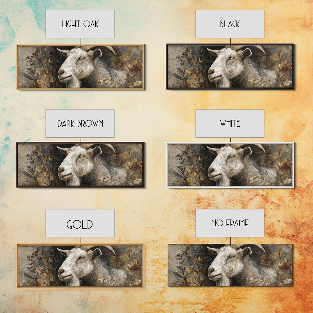 Goat Portrait with Rustic Folk Art Personality Framed Canvas Print, Animal Art, Digital Print, Living Room Decor, Creature, ANI-3x1-37