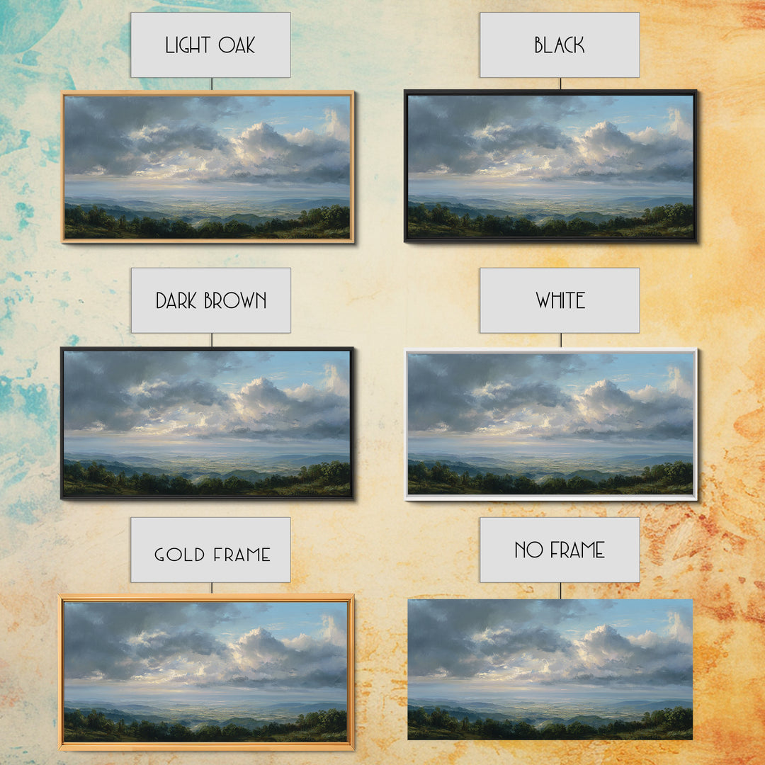 Dramatic Cloudscape over a Distant Valley Framed Canvas Print, Above Sofa Art, Living Room Decor, Oil Painting, Statement, ASA-2x1-25