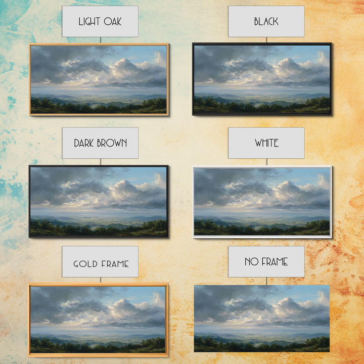 Dramatic Cloudscape over a Distant Valley Framed Canvas Print, Above Sofa Art, Living Room Decor, Oil Painting, Statement, ASA-2x1-25
