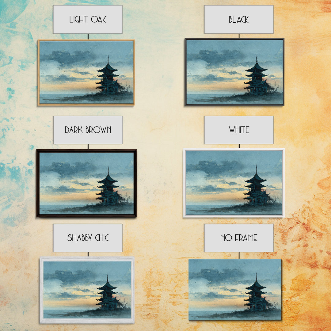 Pagoda Silhouette at Sunset Framed Canvas Print, Asian Inspired Art, Neutral Decor, Living Room Decor, Fine Art, Harmony, ASI-3x2-39