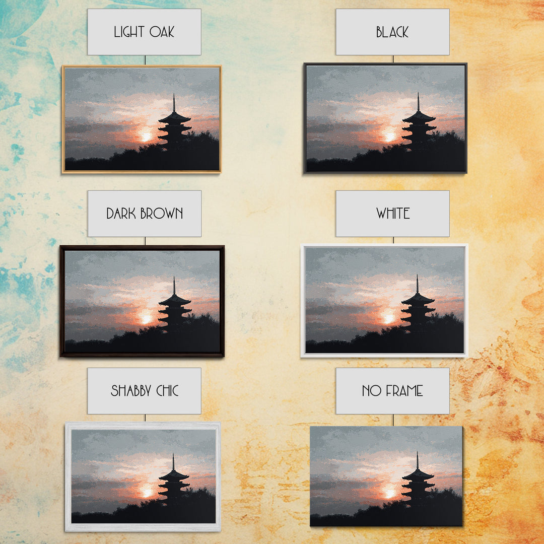 Pagoda Silhouette at Sunset Framed Canvas Print, Asian Inspired Art, Fine Art Print, Living Room Decor, Fine Art, Harmony, ASI-3x2-87