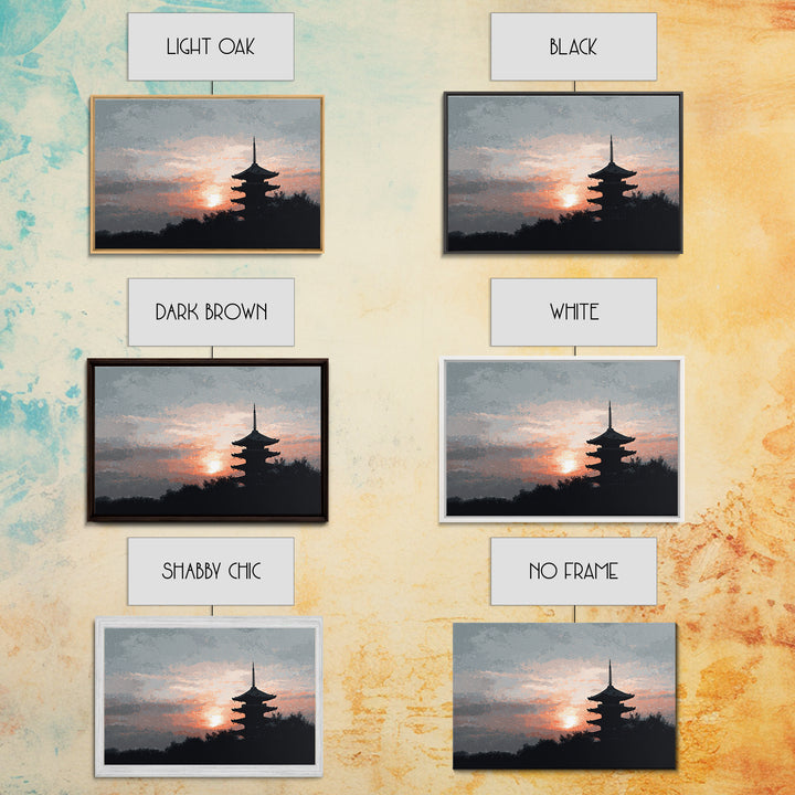 Pagoda Silhouette at Sunset Framed Canvas Print, Asian Inspired Art, Fine Art Print, Living Room Decor, Fine Art, Harmony, ASI-3x2-87