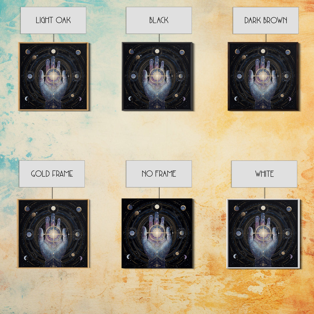 Tarot Cosmic Hand Holding a Glowing Star Framed Canvas Print, Astrology Art, Fine Art Print, Living Room Decor, Zodiac, AST-1x1-78