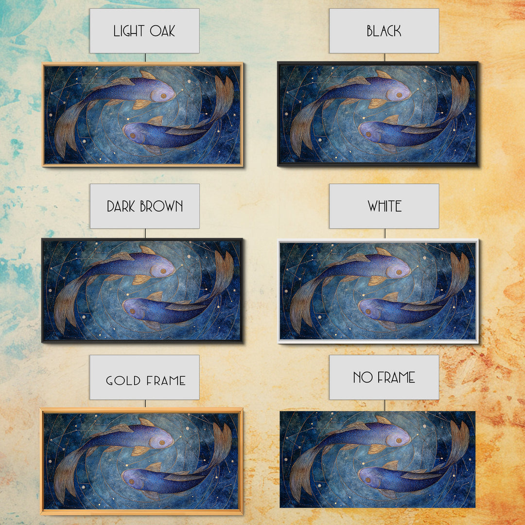 Cosmic Fish Pair Circling a Moonlit Pool Framed Canvas Print, Astrology Art, Art Nouveau, Living Room Decor, Fine Art, Zodiac, AST-2x1-43