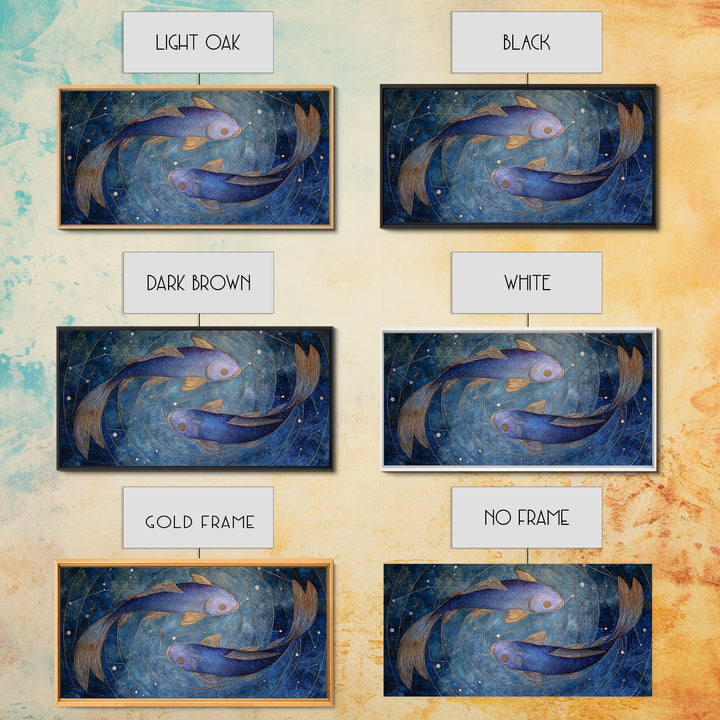 Cosmic Fish Pair Circling a Moonlit Pool Framed Canvas Print, Astrology Art, Art Nouveau, Living Room Decor, Fine Art, Zodiac, AST-2x1-43