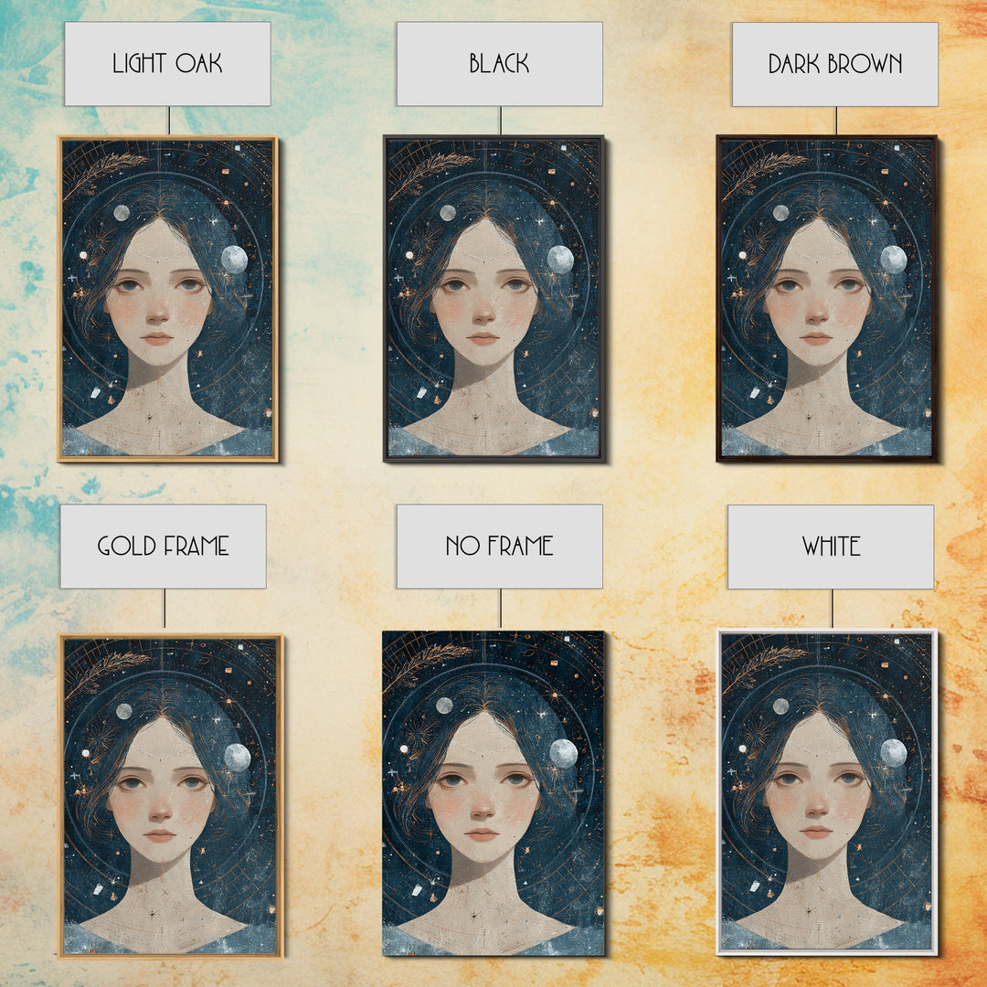 Virgo Maiden with Wheat and Blue Night Framed Canvas Print, Astrology Art, Astrology, Living Room Decor, Watercolor Art, Zodiac, AST-2x3-74