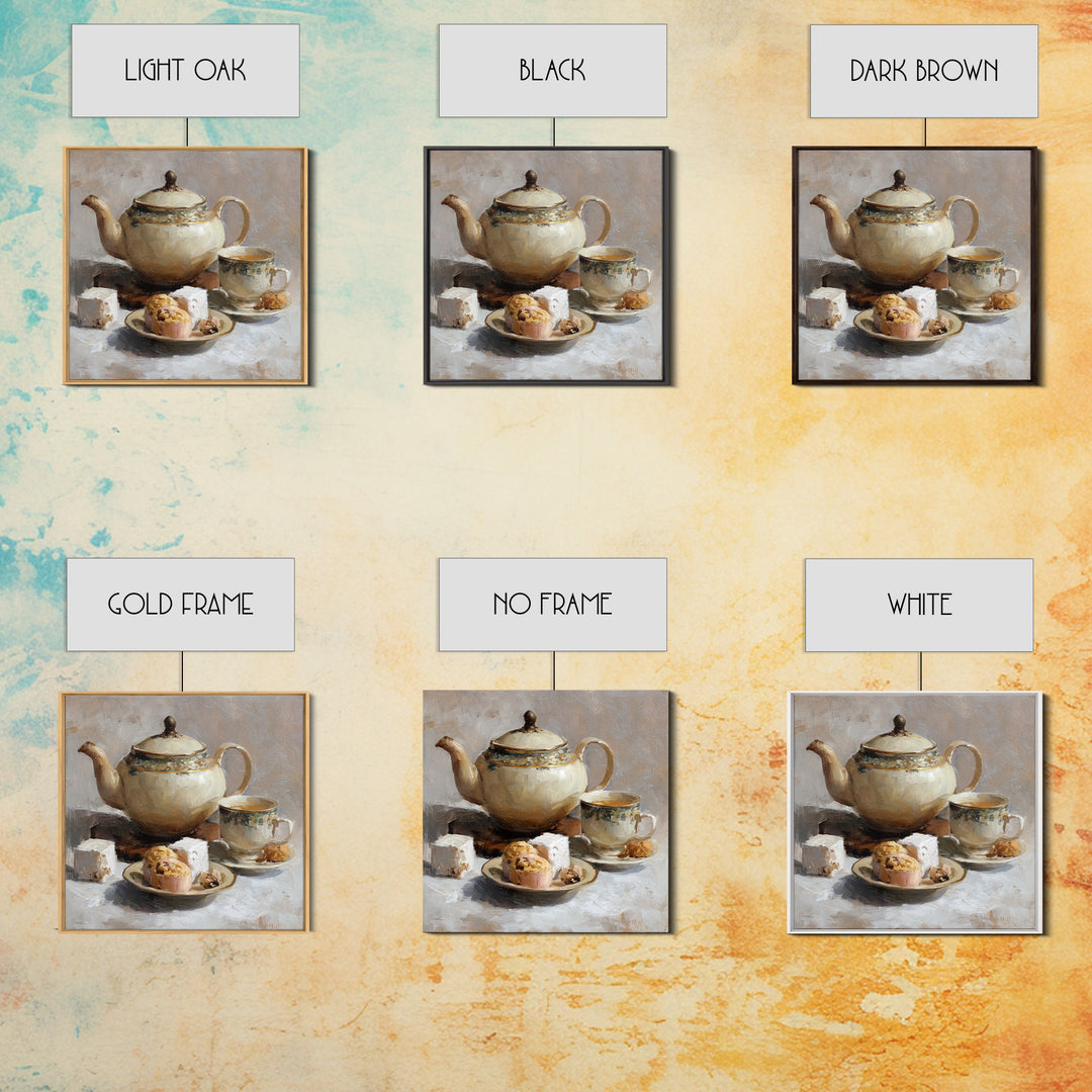 Porcelain Teapot and Scones Framed Canvas Print, Bed and Breakfast Art, Bedroom Prints, Living Room Decor, Abstract Art, BAB-1x1-84