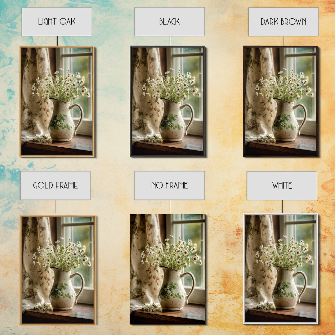 Country Wildflowers in a Chipped Ceramic Pitcher Framed Canvas Print, Bed and Breakfast Art, Living Room Decor, Fine Art, BAB-2x3-33