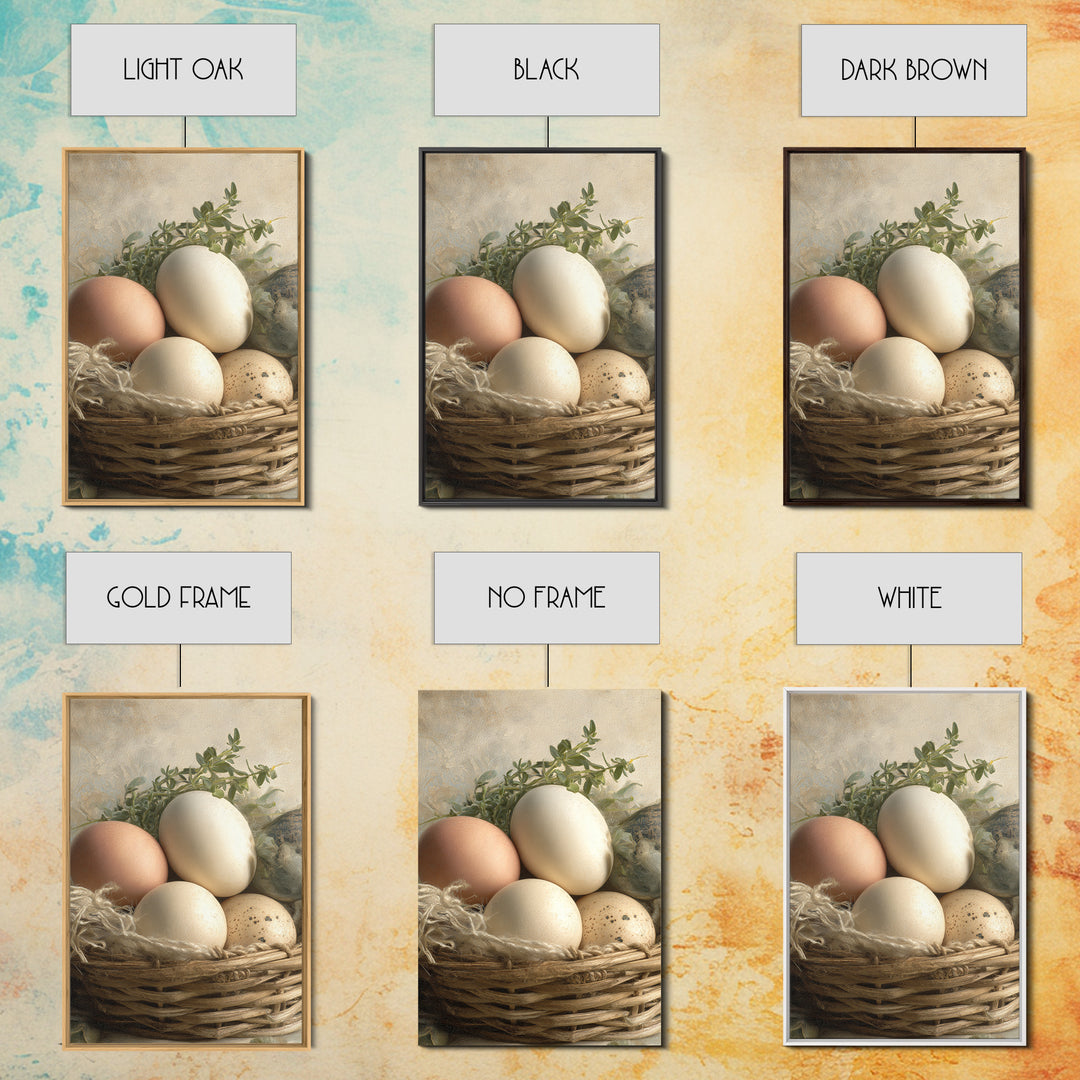 Fresh Eggs in a Woven Basket with Framed Canvas Print, Bed and Breakfast Art, Art Print, Living Room Decor, Fine Art, BAB-2x3-38