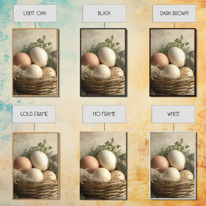 Fresh Eggs in a Woven Basket with Framed Canvas Print, Bed and Breakfast Art, Art Print, Living Room Decor, Fine Art, BAB-2x3-38