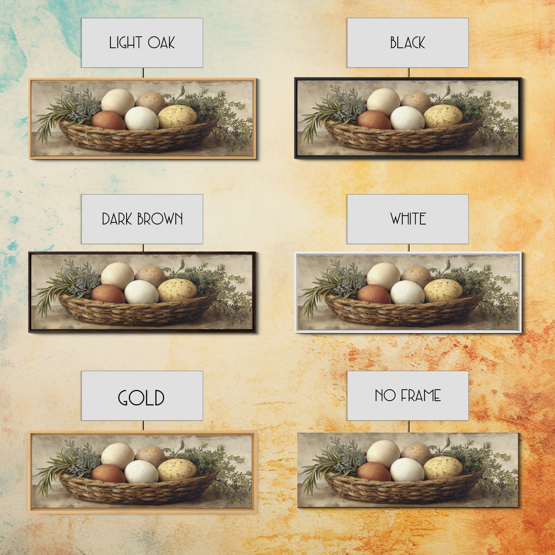 Fresh Eggs in a Woven Basket with Canvas Print, Bed and Breakfast Art, Coffee Art, Living Room Decor, Watercolor Art, BAB-3x1-94