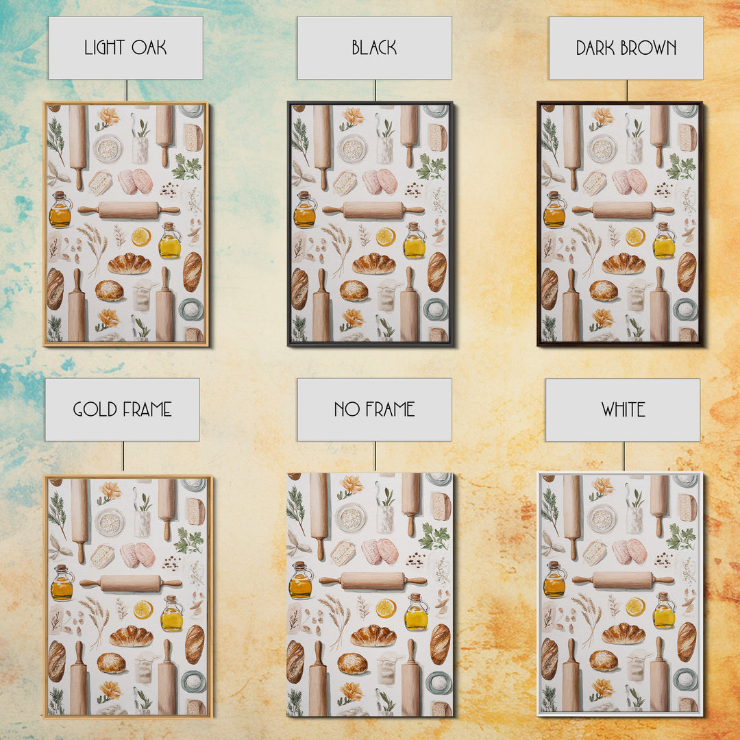 Patisserie Pattern of Rolling Pins and Pastries Canvas Print, Bakery Art, Printable Art, Bakery Decor, Watercolor Art, BAK-2x3-29