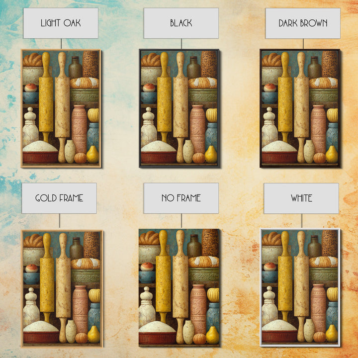 Patisserie Pattern of Rolling Pins and Pastries Framed Canvas Print, Bakery Art, Kitchen Prints, Bakery Decor, Oil Painting, BAK-2x3-53