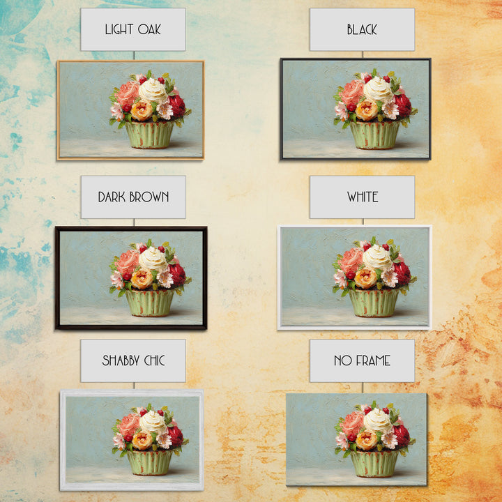 Cupcake Bouquet Painted Framed Canvas Print, Bakery Art, Kitchen Wall Art, Bakery Decor, Oil Painting, Patisserie, BAK-3x2-59