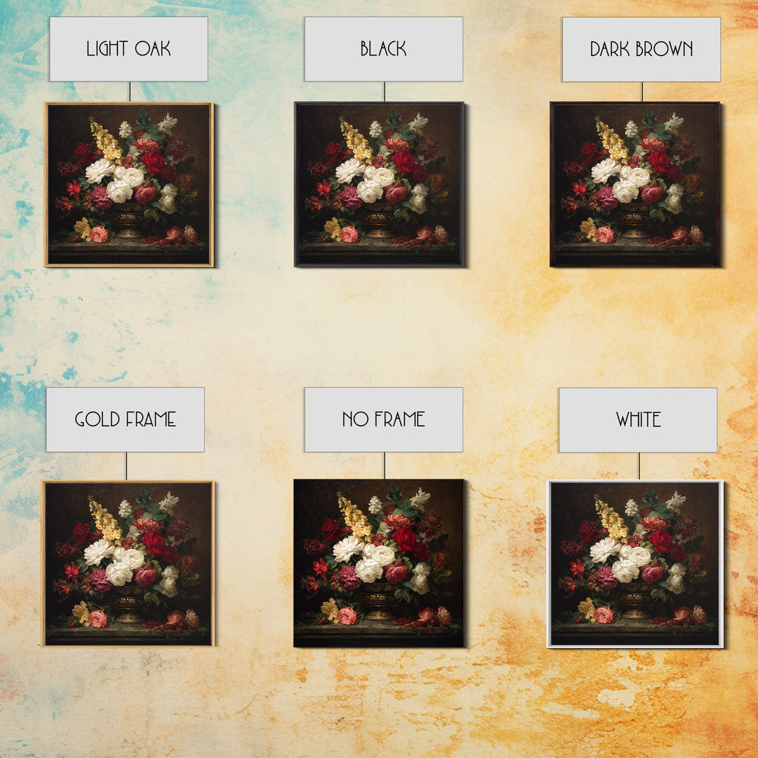 Dark Floral Arrangement Framed Canvas Print, Baroque Art, Oil Painting, Living Room Decor, Fine Art, Ornate, Eclectic Wall Art, BAO-1x1-28