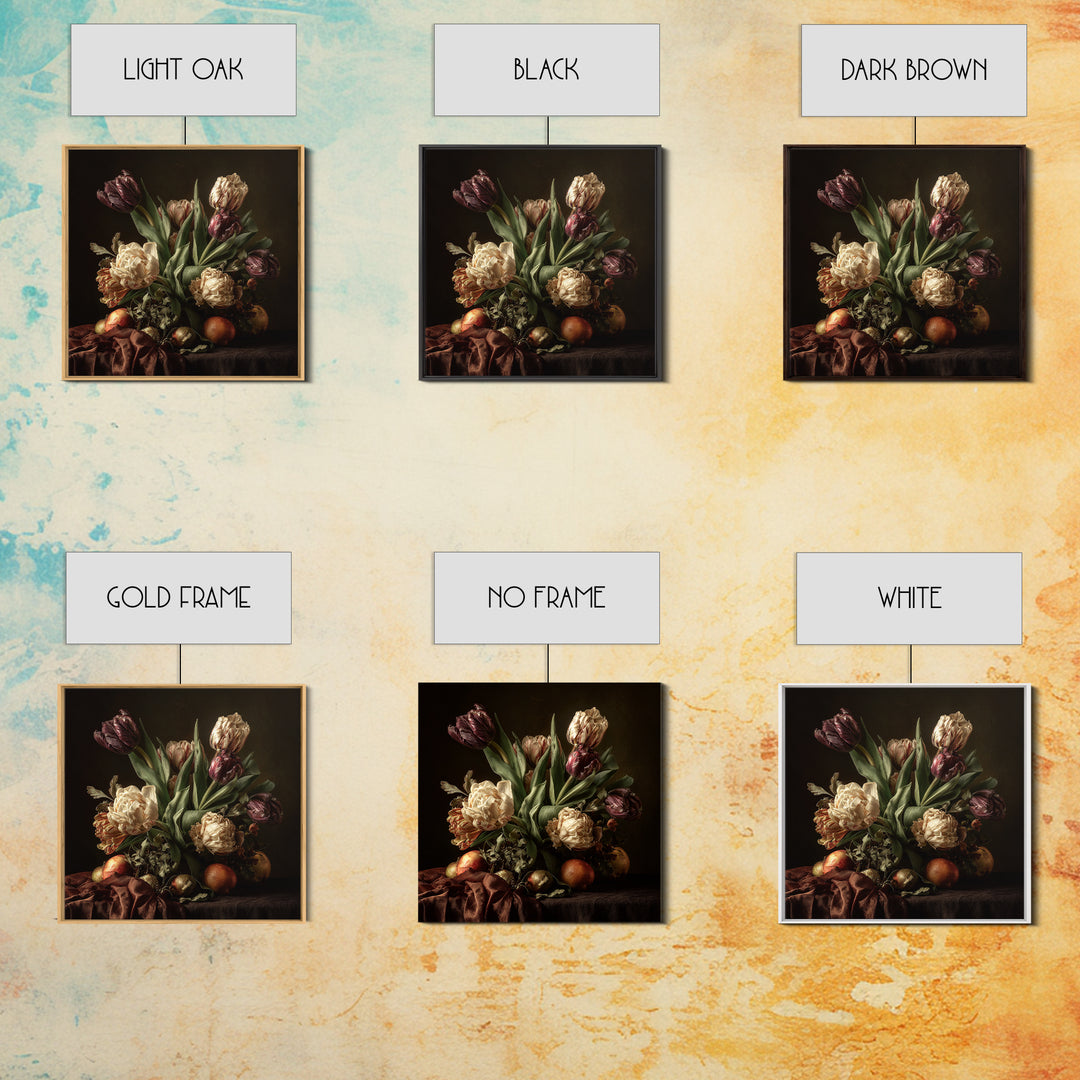Black Background Tulips Framed Canvas Print, Baroque Art, Living Room Wall Art, Living Room Decor, Ornate, Art Nouveau Decor, BAO-1x1-64