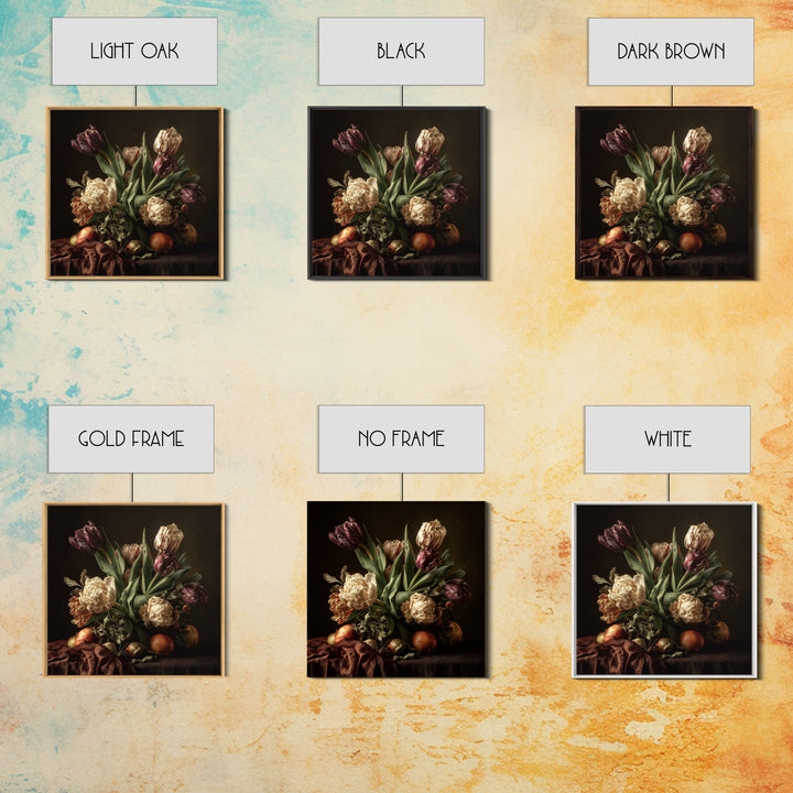 Black Background Tulips Framed Canvas Print, Baroque Art, Living Room Wall Art, Living Room Decor, Ornate, Art Nouveau Decor, BAO-1x1-64