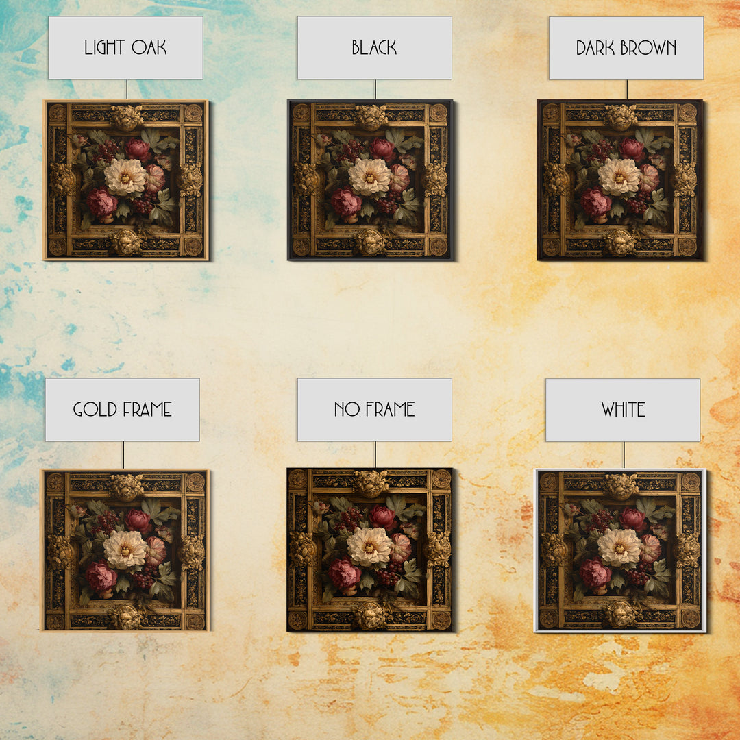 Ornate Gold Frame Illusion Around a Botanical Canvas Print, Baroque Art, Minimalist Wall Art, Living Room Decor, Ornate, BAO-1x1-9
