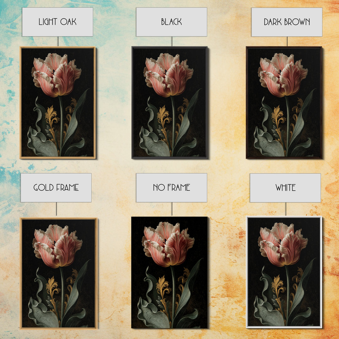 Black Background Tulips Framed Canvas Print, Baroque Art, Oil Painting, Living Room Decor, Fine Art, Ornate, Eclectic Wall Art, BAO-2x3-24