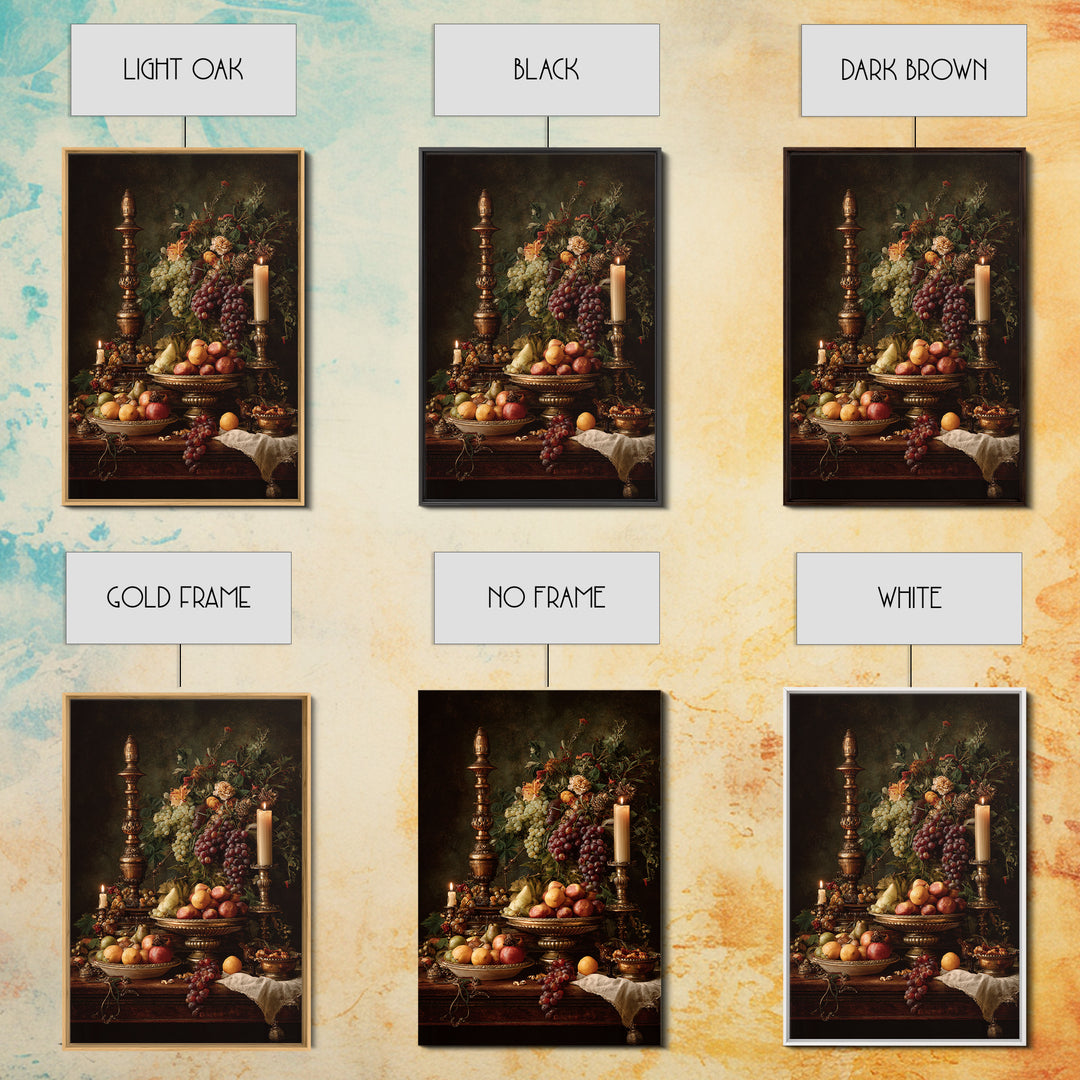 Lavish Banquet Fruit Composition Framed Canvas Print, Baroque Art, Textured Painting, Living Room Decor, Fine Art, Ornate, BAO-2x3-76