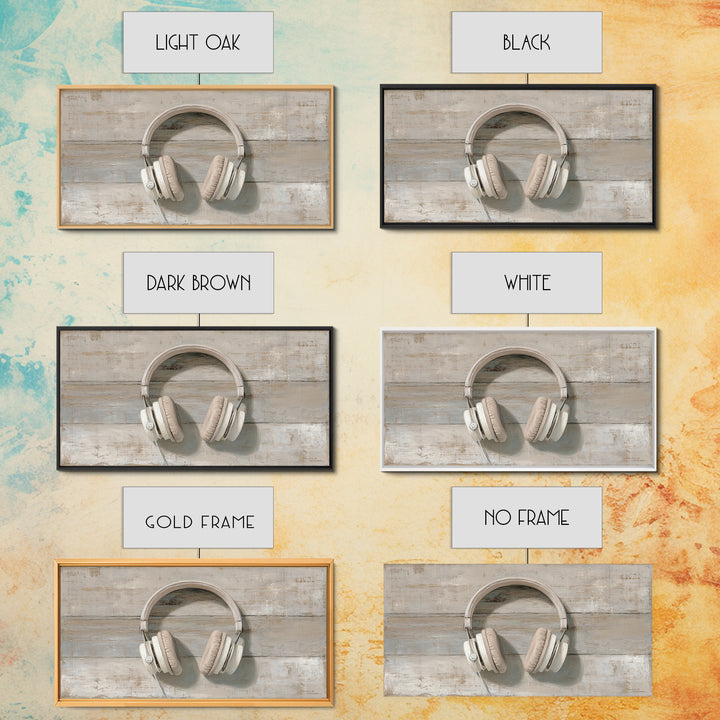 Vinyl Record and Headphones on Worn Wood Canvas Print, Basement Art, Classroom Decor, Living Room Decor, Oil Painting, Retreat, BAS-2x1-53