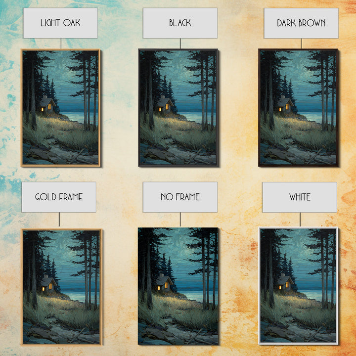 Forest Cabin Night Scene Canvas Print, Basement Art, Oil Painting, Living Room Decor, Retreat, Man Cave Decor, Bar Wall Art, BAS-2x3-71