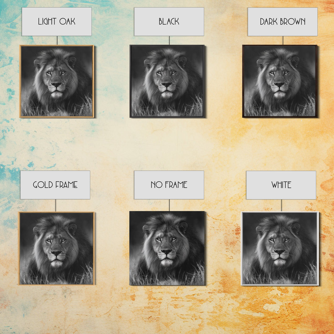 Dramatic Black and White Lion Portrait Canvas Print, Black and White Art, Contemporary Art, Living Room Decor, Monochrome, BAW-1x1-89