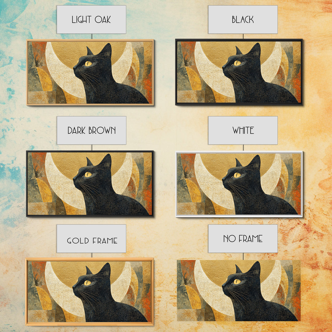 Black Cat Silhouette Framed Canvas Print, Black and White Art, Art Prints, Living Room Decor, Oil Painting, Monochrome, BAW-2x1-60