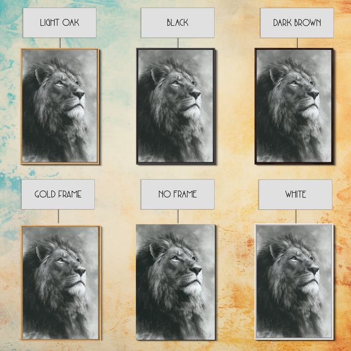 Dramatic Black and White Lion Portrait Framed Canvas Print, Black and White Art, Art Print, Living Room Decor, Monochrome, BAW-2x3-1