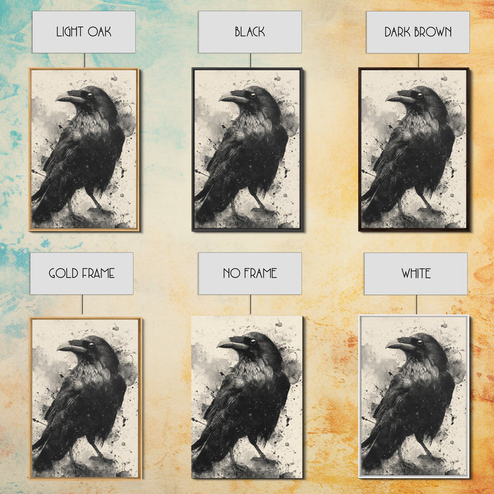 Ink Splatter Raven Composition Framed Canvas Print, Black and White Art, Art, Living Room Decor, Fine Art, Monochrome, BAW-2x3-52