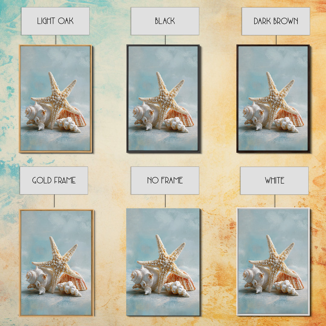 Sun Bleached Starfish and Shells Still Life Framed Canvas Print, Beach Art, Coastal Decor, Oil Painting, Shore, BEA-2x3-21