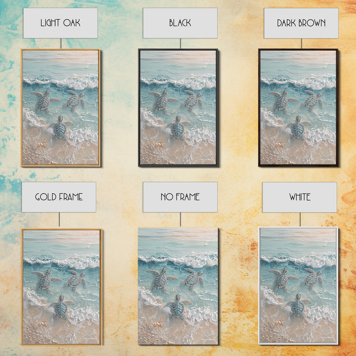 Family of Sea Turtles Crossing Moonlit Sand Framed Canvas Print, Beach Art, Textured Painting, Coastal Decor, Fine Art, Shore, BEA-2x3-22