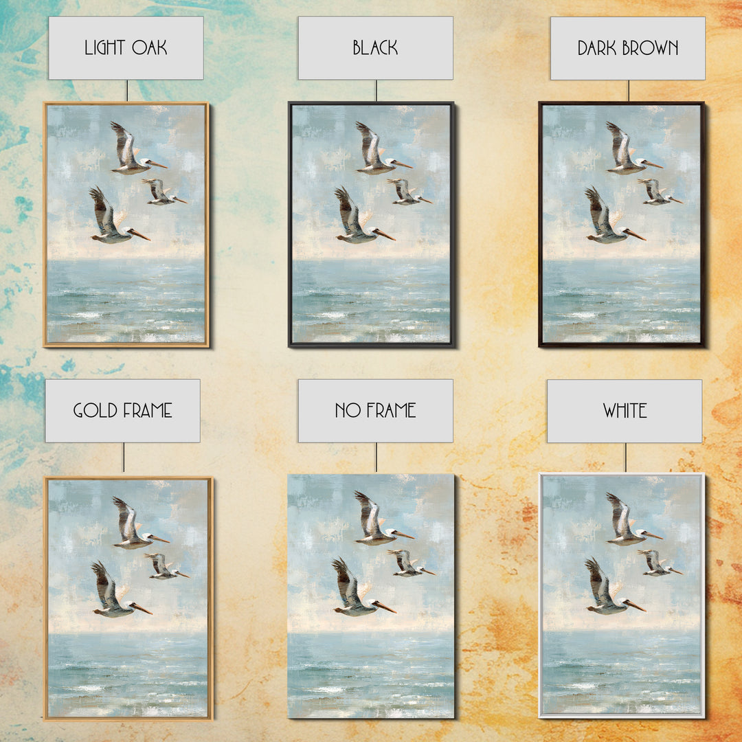 Pelicans Flying Low Framed Canvas Print, Beach Art, Beach Print, Coastal Decor, Fine Art, Shore, Textured Painting, BEA-2x3-3
