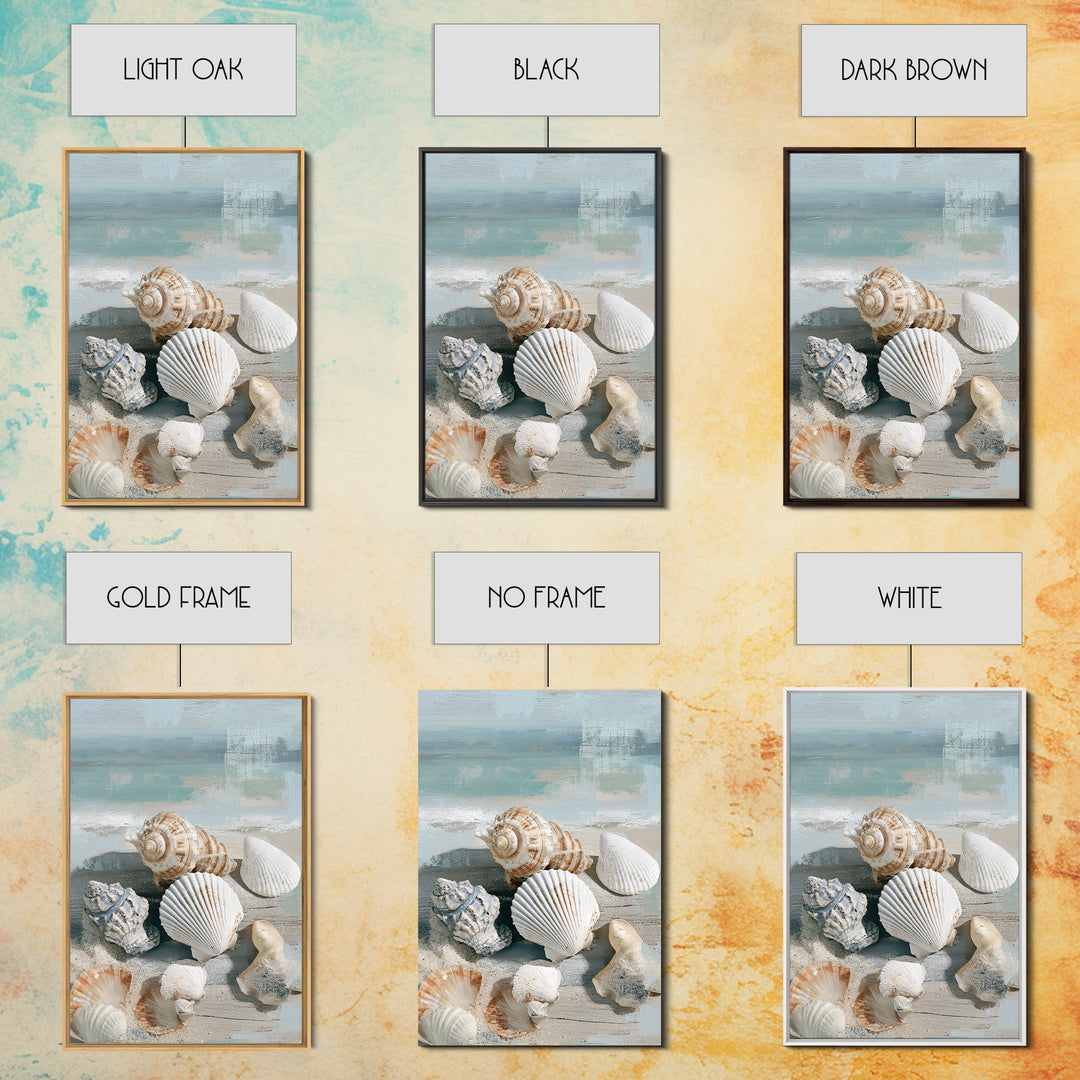 Seashell Collection Painted Like Natural Specimens Framed Canvas Print, Beach Art, Wall Art, Coastal Decor, Fine Art, Shore, BEA-2x3-60