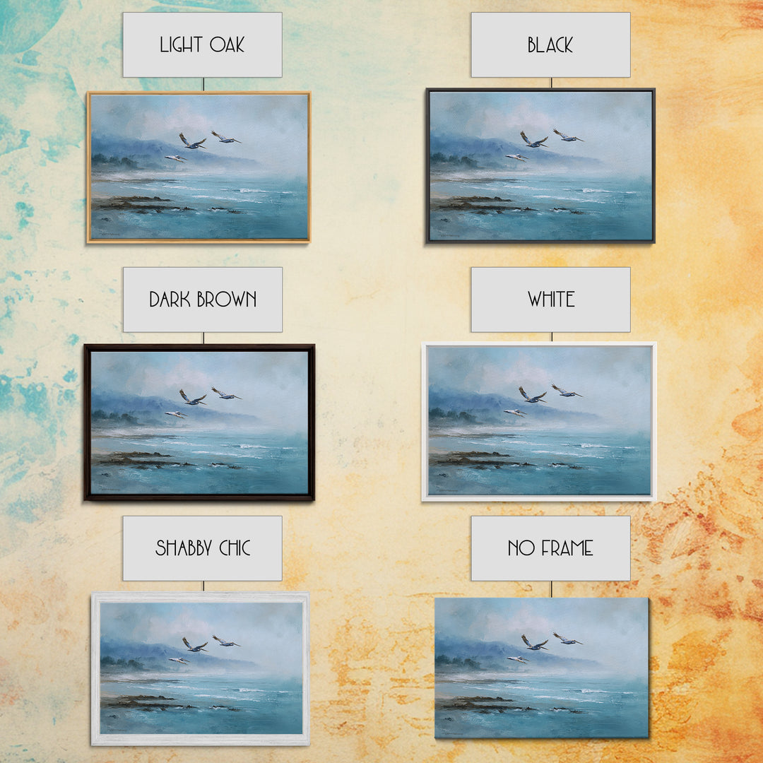 Pelicans Flying Low Framed Canvas Print, Beach Art, Room Decor, Coastal Decor, Oil Painting, Shore, Original Painting, BEA-3x2-47
