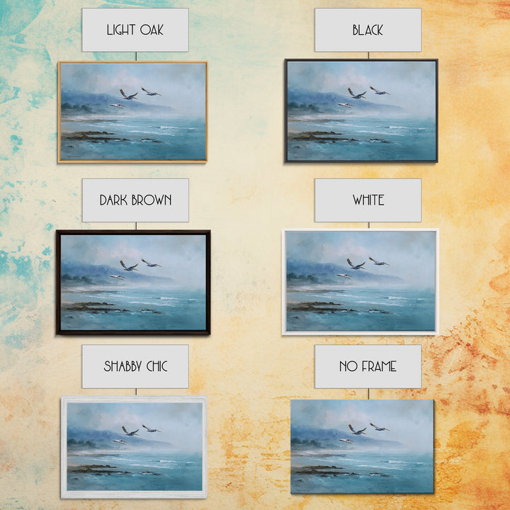 Pelicans Flying Low Framed Canvas Print, Beach Art, Room Decor, Coastal Decor, Oil Painting, Shore, Original Painting, BEA-3x2-47