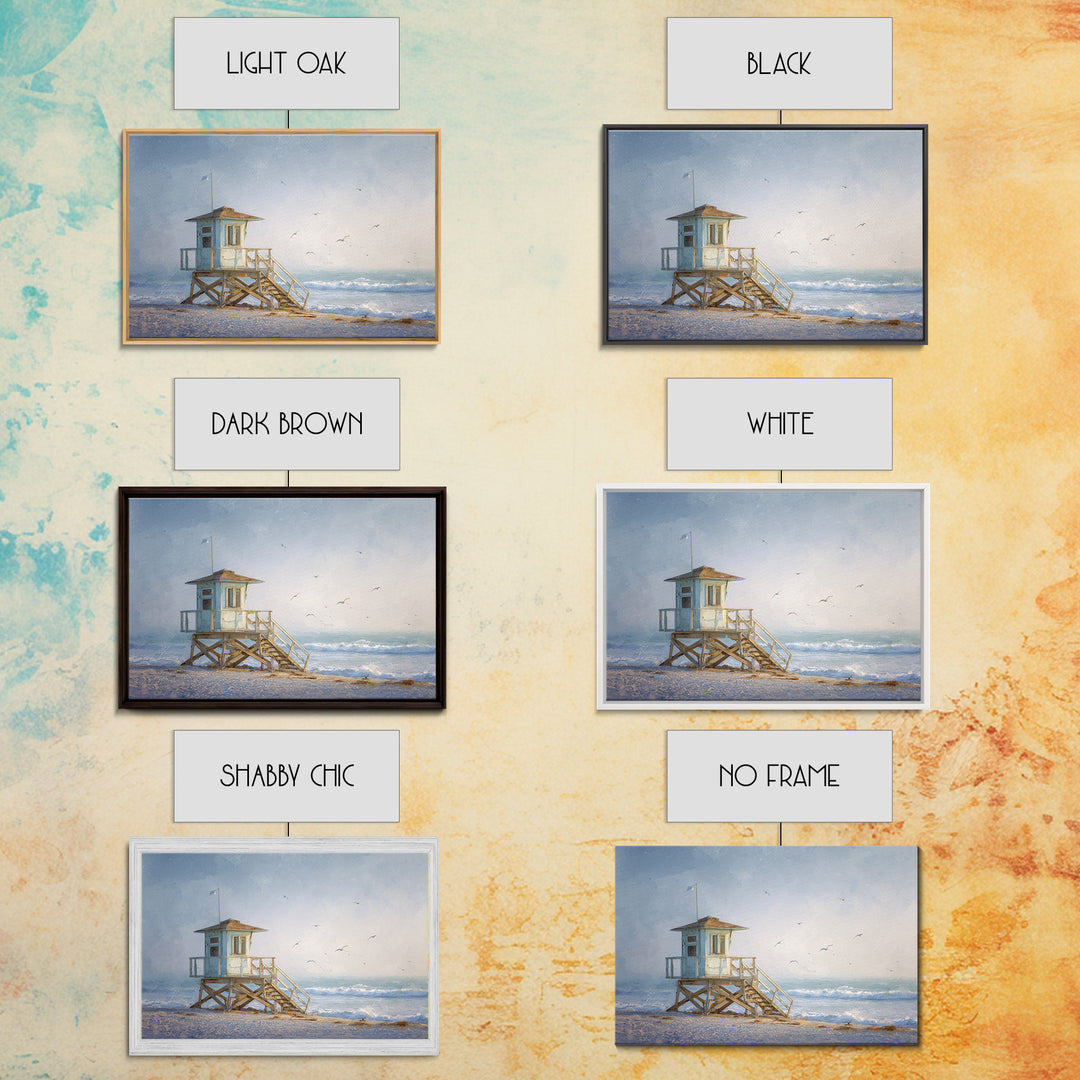 Quiet Lifeguard Tower at Golden Hour Framed Canvas Print, Beach Art, Coastal Decor, Oil Painting, Shore, Whimsical Decor, BEA-3x2-55