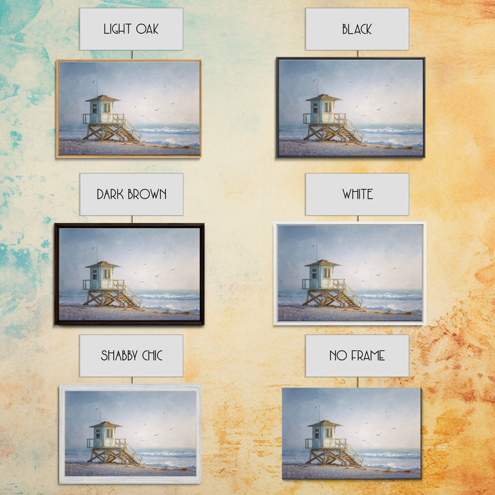 Quiet Lifeguard Tower at Golden Hour Framed Canvas Print, Beach Art, Coastal Decor, Oil Painting, Shore, Whimsical Decor, BEA-3x2-55