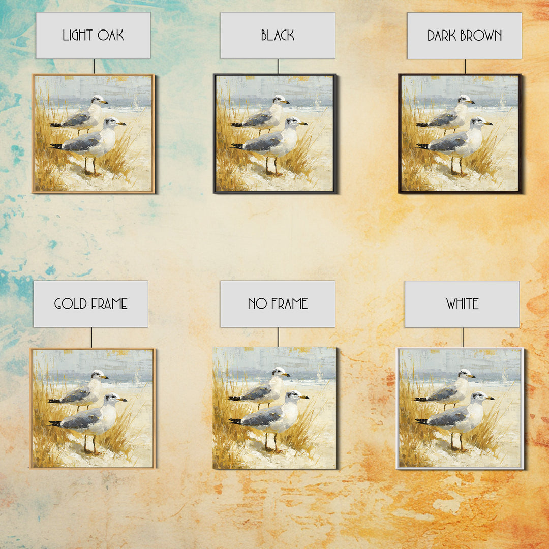 Seagulls Above a Pale Beach Horizon Canvas Print, Bird Art, Mid Century Modern, Living Room Decor, Flight, Botanical Wall Art, BIR-1x1-20
