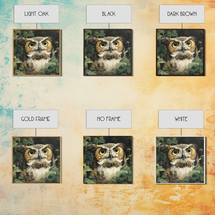 Owl Portrait with Wise Golden Eyes Framed Canvas Print, Bird Art, Fine Art Print, Living Room Decor, Fine Art, Flight, BIR-1x1-29