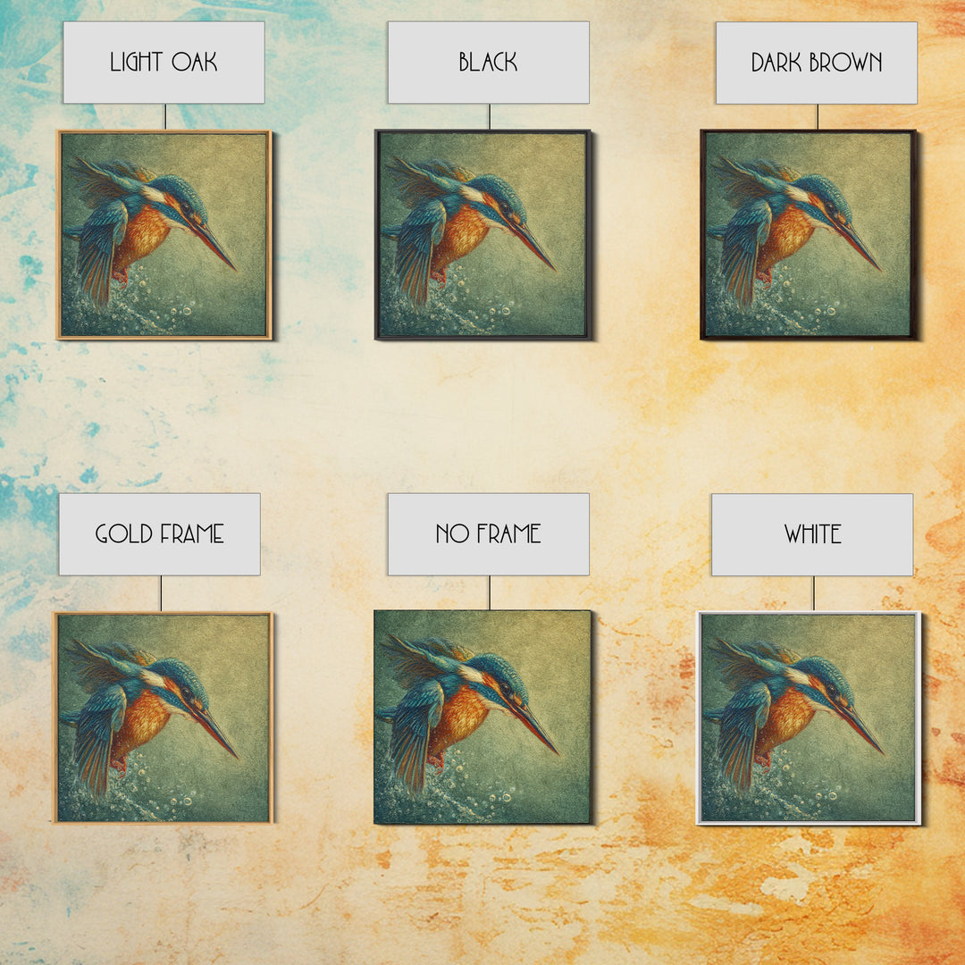 Kingfisher Diving Toward Blue Water Canvas Print, Bird Art, Botanical Wall Art, Living Room Decor, Flight, Forest Wall Art, BIR-1x1-35