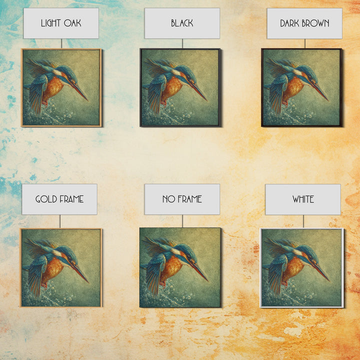 Kingfisher Diving Toward Blue Water Canvas Print, Bird Art, Botanical Wall Art, Living Room Decor, Flight, Forest Wall Art, BIR-1x1-35