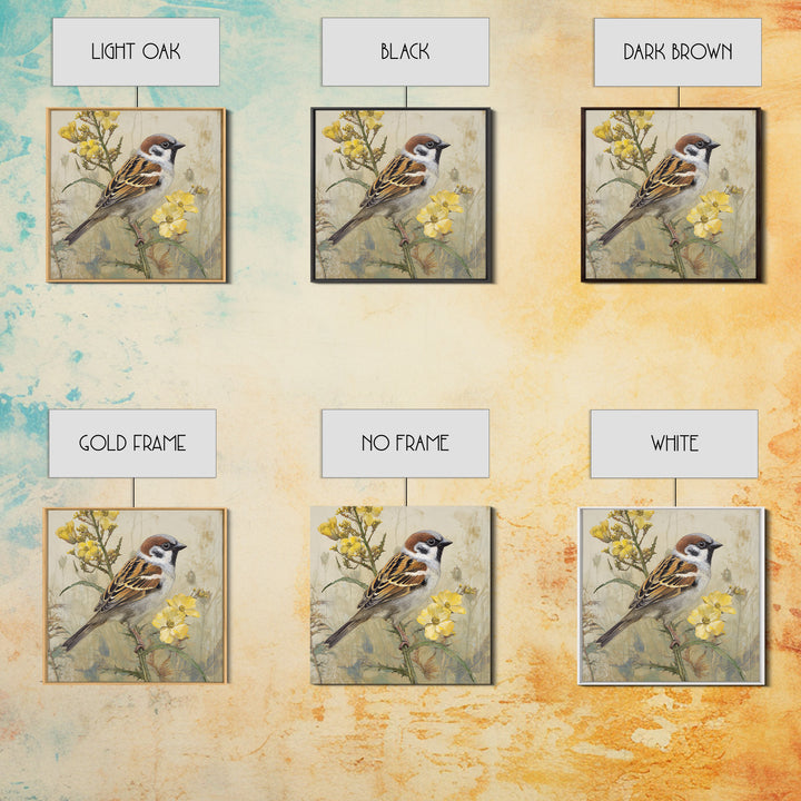 Small Sparrow on Wildflower Stem Framed Canvas Print, Bird Art, Nature Wall Art, Living Room Decor, Fine Art, Flight, BIR-1x1-38